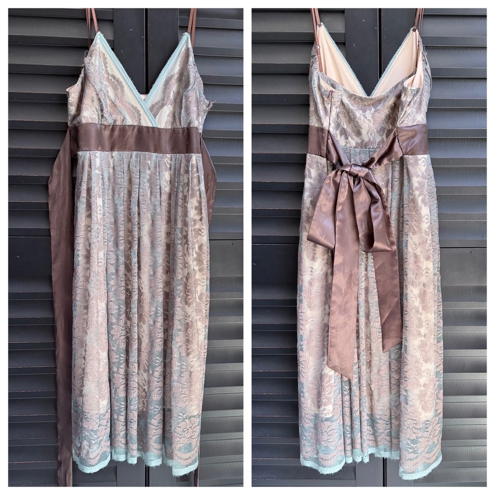 Fairytale Dress Pale Babydoll Blue Lace Overlay Brown Satin Ribbon Bow tie